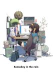  1girl apron at_computer backpack bag bamboo black_thighhighs blue_sailor_collar blue_skirt bob_cut book box brown_cardigan brown_eyes brown_hair cardboard_box cardigan chair closed_mouth clubroom commentary_request computer computer_keyboard computer_mouse desk dress duplicate english_text folding_chair from_behind full_body globe hair_ribbon hairband highres holding indoors kita_high_school_uniform long_sleeves looking_at_viewer looking_back maid_apron miniskirt monitor nakamori_kemuri office_chair on_chair open_cardigan open_clothes paper pen plant ribbon sailor_collar school_bag school_chair school_uniform serafuku shadow shirt shoes short_hair sitting skirt solo sticky_note suzumiya_haruhi suzumiya_haruhi_no_yuuutsu swivel_chair table tanabata tanzaku thighhighs uwabaki white_shirt winter_uniform yellow_hairband yellow_ribbon zettai_ryouiki 