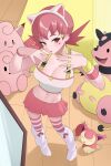  1girl absurdres alternate_costume animal_ears breasts cleavage clefable clefairy commentary english_commentary eyelashes fake_animal_ears hair_ornament hairband hairclip hands_up heart heart_sticker highres kaerujj loose_socks miltank nail_polish pink_eyes pink_hair pink_nails pink_skirt pink_thighhighs pokemon pokemon_(creature) pokemon_heartgold_and_soulsilver shirt skirt skitty sleeveless sleeveless_shirt socks standing sticker striped_clothes striped_thighhighs thighhighs white_hairband white_shirt white_socks whitney_(pokemon) wristband 