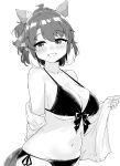  1girl absurdres alternate_costume animal_ears bikini breasts cleavage commentary_request dantsu_flame_(umamusume) ear_covers greyscale gryebooks highres horse_ears horse_girl horse_tail large_breasts monochrome multicolored_hair navel simple_background solo swimsuit tail two-tone_hair umamusume white_background 