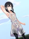  1boy armpit_crease blue_eyes blush braid check_commentary cloud commentary_request covered_nipples covered_penis crossdressing crossdressing_(mtf) doushi_tatsu_to_dekkai_no genderswap genderswap_(ftm) highres kantai_collection male_focus see-through_clothes shigure_(kancolle) sky solo testicles wet wet_clothes 
