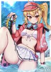  1girl ahoge bikini bikini_skirt black_choker blonde_hair bracelet breasts choker closed_mouth commentary_request crossed_bangs diving_mask diving_mask_around_neck goggles hair_between_eyes hair_ornament hair_scrunchie highres jacket jewelry long_hair luciana_de_montefio luciana_de_montefio_(princess_on_holiday) navel official_alternate_costume outdoors pink_jacket pink_visor_cap scrunchie side_ponytail skirt small_breasts solo swimsuit visor_cap wakaba_(wata_ridley) water wet white_bikini white_skirt zenless_zone_zero 
