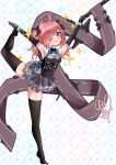  1girl :q absurdres ahoge armpits arms_up azur_lane black_thighhighs blush commentary_request flight_deck highres leg_up medium_hair one_eye_closed pink_hair purple_eyes saratoga_(azur_lane) saratoga_(meta)_(azur_lane) shiranuinuiko signature solo sparkle thighhighs tongue tongue_out 