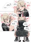  1boy 1girl absurdres ass bar_censor black_mask black_skirt blonde_hair blush censored curvy ear_piercing face_piercing green_eyes highres jihye_(pazzimo) lip_piercing looking_at_penis mask mask_pull mouth_mask necktie original pantylines pazzimo pen pencil_skirt penis piercing red_necktie school_uniform short_hair simple_background skirt small_penis smelling smelling_penis speech_bubble squatting sweat translation_request white_background 
