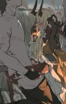  1girl 2boys arknights bad_source blonde_hair blurry blurry_background bodystocking closed_eyes clothed_female_nude_male defeat dress from_side highres horns lifting_person m-18 motion_blur multiple_boys nipples nude rape reed_(arknights) reed_the_flame_shadow_(arknights) restrained tears third-party_source torn_bodystocking torn_clothes 