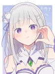  1girl breasts closed_mouth commentary_request dress elf emilia_(re:zero) flower gem green_gem hair_flower hair_ornament highres long_hair pointy_ears purple_eyes re:zero_kara_hajimeru_isekai_seikatsu solo white_dress white_flower white_hair yucchiimi 