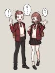  1boy 1girl :d alternate_costume backpack bag black_pants black_shoes black_skirt brown_bag brown_eyes brown_hair commentary_request cosplay full_body gloria_(pokemon) grey_background hand_up happy hopokm jacket lass_(pokemon) lass_(pokemon)_(cosplay) lass_(pokemon_swsh) long_sleeves necktie open_clothes open_jacket open_mouth pants pleated_skirt pokemon pokemon_sword_and_shield red_jacket school_uniform shirt shoes short_hair short_necktie simple_background skirt smile socks speech_bubble standing translation_request victor_(pokemon) 