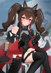  1girl angelina_(arknights) animal_ear_fluff animal_ears arknights arknights:_endfield bare_shoulders black_dress black_gloves black_thighhighs blush bracelet brown_hair closed_mouth coat commentary diamond-shaped_pupils diamond_(shape) dot_mouth dot_nose double-parted_bangs dress elbow_gloves enddada extra_ears fox_ears fox_girl gilberta_(arknights) gloves gradient_eyes grey_dress hair_between_eyes hand_up headgear high_collar highres infection_monitor_(arknights) jewelry long_hair long_sleeves looking_at_viewer multicolored_eyes off_shoulder open_clothes open_coat orange_eyes originium_(arknights) planet purple_eyes red_coat short_dress sitting sleeveless sleeveless_dress solo symbol-shaped_pupils thighhighs twintails zettai_ryouiki 