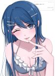  1girl bb_14ha bikini blue_bikini blue_eyes blue_hair blush breasts cleavage commentary danganronpa:_trigger_happy_havoc danganronpa_(series) fan_request finger_to_mouth frilled_bikini frills from_above highres long_hair looking_at_viewer maizono_sayaka medium_breasts one_eye_closed solo swimsuit tongue tongue_out untranslatable_commentary watermark 