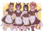  4girls agnes_tachyon_(umamusume) ahoge animal_ears apron black_choker black_hair black_shirt bow bowtie breasts brown_hair buttons chemical_structure choker closed_mouth coco's commentary_request dantsu_flame_(umamusume) double-breasted ear_ornament earrings frilled_apron frilled_skirt frilled_sleeves frills green_bow hair_between_eyes hand_up holding holding_tray horse_ears horse_girl horse_tail jewelry jungle_pocket_(umamusume) lace-trimmed_choker lace_trim long_hair long_hair_between_eyes manhattan_cafe_(umamusume) medium_breasts multicolored_hair multiple_girls neckerchief odag_18 one_eye_closed open_mouth parted_lips pink_bow pink_bowtie puffy_short_sleeves puffy_sleeves shirt short_sleeves single_earring skirt smile speech_bubble tail thighhighs tray umamusume very_long_hair wavy_hair white_apron white_hair white_headdress white_neckerchief white_thighhighs 