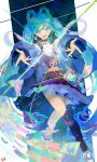  1girl absurdres bare_shoulders belt blue_belt blue_hair blue_jacket blue_shirt blue_shoes blue_skirt blue_sleeves blue_thighhighs border braid collared_shirt comet commentary_request crop_top dangle_earrings diamond_(gemstone) double_dougnuts earrings green_eyes green_hair green_nails hair_between_eyes hatsune_miku high_collar highres jacket jacket_partially_removed jewelry long_hair long_sleeves looking_at_viewer magical_mirai_(vocaloid) magical_mirai_miku magical_mirai_miku_(2025) midriff midriff_peek miniskirt multicolored_hair nail_polish open_clothes open_jacket outside_border outstretched_arms parted_bangs parted_lips pink_hair purple_hair shirt shoes sidelocks signature single_bare_shoulder single_earring single_sock single_thighhigh skirt sky sleeveless sleeveless_shirt smile sneakers socks solo sparkle star_(sky) starry_sky streaked_hair striped_background striped_clothes striped_shirt thigh_strap thighhighs thighs twin_braids twintails vertical-striped_clothes vertical-striped_shirt very_long_hair vocaloid white_border white_socks 