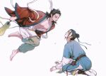  2boys absurdres all_wishes_come_true! alternate_facial_hair alternate_hairstyle bare_pectorals barefoot black_boots black_hair blue_hanfu blue_ribbon blue_trim blush boots brown_eyes chiaaage chinese_clothes chinese_commentary coat commentary_request double_bun eye_contact facial_hair flying goatee goatee_stubble grey_pants hair_bun hair_ornament hair_ribbon half_updo hand_fan hanfu highres holding holding_fan kneeling large_pectorals leaf_fan leaf_hair_ornament long_sleeves looking_at_another lv_dongbin_(all_wishes_come_true!) male_focus multiple_boys nipples open_clothes open_coat open_robe pants parted_lips pectorals reaching reaching_towards_another red_coat red_sash ribbon robe sash shawl sidelocks simple_background single_hair_bun smile stubble updo white_background white_hanfu white_pants white_shawl wide_sleeves yaoi yellow_sash zhongli_quan_(all_wishes_come_true!) 