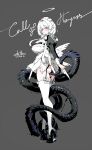  1girl apron aqua_eyes black_panties bow breasts commentary_request grey_background grey_bow highres large_breasts looking_at_viewer maid maid_apron maid_headdress no_pants original panties short_hair shumoo_66 simple_background smile tentacles thighhighs underwear white_hair white_thighhighs wings 