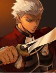  1boy archer_(fate) armor breastplate brown_eyes coat commentary dark-skinned_male dark_skin dual_wielding fate/stay_night fate_(series) hair_slicked_back holding holding_sword holding_weapon kanshou_&amp;_bakuya_(fate) male_focus red_coat shibanui solo sword weapon white_hair 