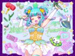  1girl absurdres aqua_hair bracelet breasts cleavage colored_tongue computer_keyboard controller cup cupcake double_bun food game_controller green_pupils hair_bun hammer highres indie_virtual_youtuber jewelry looking_at_viewer medium_breasts microphone monitor mug multicolored_hair nintendo_switch nintendo_switch_pro_controller one_eye_closed open_mouth piapi_ufo piapi_ufo_(idol) pickle pink_streaks purple_eyes purple_tongue rabio_(labi555) skirt solo star-shaped_pupils star_(symbol) streaked_hair symbol-shaped_pupils thighs ufo v virtual_youtuber white_skirt white_sleeves zipper 