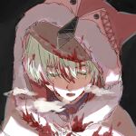  1boy alyosha_(genshin_impact) animal_ears black_background blood blood_in_hair blood_on_clothes blood_on_face blue_shirt blush cape colored_eyelashes commentary_request earmuffs fake_animal_ears freckles fur-trimmed_cape fur_trim genshin_impact green_hair hair_between_eyes half-closed_eyes highres hood hooded_cape implied_murder looking_down male_focus monaka_oo2 open_mouth shirt short_hair simple_background solo steam teeth tongue turtleneck turtleneck_shirt upper_body white_cape yellow_eyes 