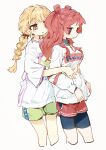  2girls :< absurdres bike_shorts bike_shorts_under_shorts blonde_hair blush bow braid brown_eyes cropped_legs double_bun from_side fujita_kotone gakuen_idolmaster green_shorts groping hair_bow hair_bun hanami_saki hands_on_another's_stomach highres hug hug_from_behind idolmaster light_frown long_hair long_sleeves multiple_girls nendo23 profile purple_eyes red_hair red_shorts shirt shorts sidelocks simple_background twin_braids two_side_up v-shaped_eyebrows white_background white_shirt yuri 