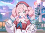  1girl :d absurdres alternate_costume aqua_eyes aqua_hair beret blue_neckerchief blurry blurry_background cardigan commentary_request drill_hair frilled_shirt_collar frills gradient_hair hair_ribbon hat highres honkai:_star_rail honkai_(series) hyacine_(honkai:_star_rail) hyacine_(white_rabbit)_(honkai:_star_rail) korean_commentary ll_0109 looking_at_viewer medium_hair multicolored_hair neckerchief one_eye_closed open_cardigan open_clothes outdoors pink_hair red_hat red_ribbon red_shirt ribbon school_uniform screenshot_background shirt smile solo twin_drills two-tone_hair upper_body white_cardigan 