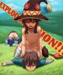  1boy 2girls :i absurdres anal aqua_(konosuba) artist_name bandaged_leg bandages breasts brown_hair closed_mouth commentary cum cum_in_ass cum_in_pussy cum_overflow english_commentary english_text futa_on_male futa_with_male futa_without_pussy futanari grass green_eyes hat highres kono_subarashii_sekai_ni_shukufuku_wo! lying male_penetrated megumin multiple_girls newhalf_with_male nipples nude on_stomach open_mouth outdoors penis prone_bone red_eyes satou_kazuma seraziel sex sex_from_behind small_breasts staff thighhighs top-down_bottom-up uncensored witch_hat 