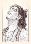  1boy all_wishes_come_true! beads black_hair border chinese_clothes coat collarbone commentary_request crying crying_with_eyes_open facial_hair flame_print greyscale hair_bun hair_ornament half_updo hanfu highres jewelry leaf_hair_ornament long_hair looking_afar looking_up male_focus momochi_(bmbmomomo) monochrome mustache_stubble necklace open_clothes open_coat parted_lips pectoral_cleavage pectorals print_robe rain realistic robe single_hair_bun solo stubble tears twitter_username upper_body watermark wet wet_face wet_hair zhongli_quan_(all_wishes_come_true!) 