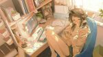  1girl armchair book brown_hair calendar_(object) chair chips_(food) commentary computer computer_keyboard day desk_lamp eating food glasses green_eyes hair_ornament hair_scrunchie hand_up highres hood hood_down hoodie indoors jiu_zhi_jun_(kipll_bobo) knees knees_up lamp looking_at_viewer monitor note open_mouth original pc-98_(computer) pencil plant potato_chips potted_plant scrunchie short_hair sitting solo sunlight table textbook untranslatable_commentary upturned_eyes white_hoodie white_scrunchie 
