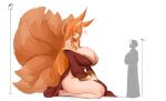  1boy 1girl animal_ear_fluff animal_ears blush breasts eyebrows_hidden_by_hair fox_ears fox_girl fox_tail from_side full_body halo height_chart highres huge_breasts japanese_clothes kimono kitsune krass kyuubi long_hair looking_at_another multiple_tails open_mouth original praying red_kimono rhea_(krass) seiza sideboob simple_background sitting size_comparison size_difference tail very_long_hair white_background 