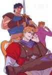  3boys adoptive_siblings armor black_hair blonde_hair blue_eyes blue_shirt brown_gloves bustersiri chair closed_mouth commentary_request corset dio_brando father_and_child father_and_son fingerless_gloves giorno_giovanna gloves highres holding holding_sword holding_weapon jojo_no_kimyou_na_bouken jonathan_joestar long_sleeves looking_at_another looking_back male_focus midriff midriff_peek multiple_boys muscular muscular_male on_chair parent_and_child pectorals phantom_blood red_eyes shirt shoulder_pads siblings simple_background smirk sword time_paradox vento_aureo victory_rolls weapon white_background 