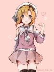  1girl arm_behind_back bad_id bad_twitter_id black_bow black_thighhighs blue_eyes blush bow commentary_request cowboy_shot hand_up hat hat_bow heart highres higurashi_no_naku_koro_ni higurashi_no_naku_koro_ni_gou light_smile looking_at_viewer official_alternate_costume orange_hair parted_bangs pink_shirt pink_skirt ryuuguu_rena sailor_collar shirt short_hair sketch skirt solo sweet_miuk_tea thighhighs twitter_username white_hat white_sailor_collar 