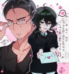  1boy 1girl absurdres age_difference ahoge bandaid bandaid_on_face bandaid_on_nose black_eyes black_hair black_shirt blush_stickers collared_shirt confession degrees_of_lewdity double-parted_bangs envelope facial_hair forehead goatee_stubble green_necktie grey_hair hair_between_eyes heart hetero highres holding holding_envelope isaeyek kylar_(degrees_of_lewdity) kylar_(female)_(degrees_of_lewdity) leighton_(degrees_of_lewdity) leighton_(male)_(degrees_of_lewdity) long_hair long_sleeves looking_at_viewer low_twintails mature_male medium_sideburns mole mole_under_eye multiple_pov necktie nostrils open_mouth outline outstretched_arms pink_lineart pov raised_inner_eyebrows rectangular_eyewear sanpaku semi-rimless_eyewear shirt short_hair short_twintails sideburns simple_background spoken_heart star_(symbol) stubble sweat teacher_and_student tsurime twintails under-rim_eyewear untucked_shirt upper_body v-shaped_eyebrows very_short_hair white_outline white_shirt 