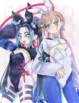  2boys absurdres androgynous animal_ear_hairband animal_ears black_hair black_hairband black_leotard black_shrug blonde_hair blue_hair blue_pantyhose blush brown_hair bulge captain_nemo_(fate) commentary_request crossdressing crossdressing_(mtf) earrings fake_animal_ears fake_tail fate/grand_order fate_(series) gloves green_eyes hairband highleg highleg_leotard highres jewelry leotard long_hair long_sleeves looking_at_viewer male_focus male_playboy_bunny multicolored_hair multiple_boys multiple_traps nao_oppaisukiii nemo_(fate) open_mouth pantyhose partial_commentary playboy_bunny rabbit_ear_hairband rabbit_ears rabbit_tail shrug_(clothing) smile strapless strapless_leotard tail taisui_xingjun_(fate) trap twintails v white_hairband white_leotard white_shrug 