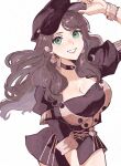  1girl absurdres adjusting_clothes adjusting_headwear adversarial_noise arm_up black_choker black_hat black_jacket bracelet breasts brown_hair chimney_(chimney0311) choker cleavage commentary_request cowboy_shot dorothea_arnault earrings fire_emblem fire_emblem:_three_houses garreg_mach_monastery_uniform green_eyes grin hat highres jacket jewelry large_breasts looking_at_viewer partial_commentary smile solo standing thighs 