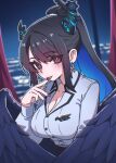  1girl asymmetrical_horns black_hair black_wings blue_hair breasts cleavage collared_shirt demon_girl demon_horns earrings eshinvale flower highres hololive hololive_english horn_flower horns jewelry large_breasts mole mole_under_eye multicolored_hair nerissa_ravencroft nerissa_ravencroft_(casual) office_lady official_alternate_costume official_alternate_hairstyle ponytail red_eyes shirt tongue tongue_out two-tone_hair uneven_horns virtual_youtuber white_shirt wings 