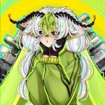  1girl :o absurdres antennae arthropod_girl black_gloves black_sclera colored_eyelashes colored_sclera gloves green_eyes green_hair green_track_suit hair_between_eyes head_wings highres indie_virtual_youtuber insect_wings juniper_actias juniper_actias_(space_invader) looking_at_viewer matryoshka_(vocaloid) monster_girl moth_antennae moth_girl moth_wings multicolored_hair pointy_ears sitraell smile solo track_suit twintails virtual_youtuber white_eyelashes white_hair wings 