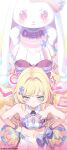  1girl absurdres anger_vein aqua_eyes black_survival blonde_hair blush bow cheerleader commentary_request crop_top eternal_return:_black_survival hair_bow highres holding holding_pom_poms hop3 korean_commentary long_hair looking_at_viewer midriff navel nicky_blake official_alternate_costume parted_bangs pleated_skirt pom_pom_(cheerleading) skirt solo white_skirt 