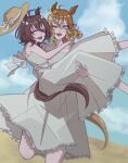  2girls aegyo_sal agnes_tachyon_(umamusume) ahoge animal_ears arms_around_neck blue_sky bow carrying closed_eyes closed_mouth commentary dress earrings flower frilled_dress frills grass grey_dress hair_flower hair_ornament hairclip hat hat_bow hat_ribbon highres horse_ears horse_girl horse_tail jewelry jungle_pocket_(umamusume) leg_up looking_at_another multiple_earrings multiple_girls notched_ear odag_18 one_eye_closed open_mouth princess_carry ribbon simple_background sky sun tail umamusume unworn_hat unworn_headwear weapon white_ribbon yellow_eyes yellow_flower yellow_hat yuri 