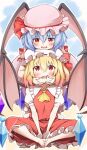  2girls absurdres ascot barefoot bat_wings blonde_hair blue_hair blush collared_shirt commentary_request crystal crystal_wings flandre_scarlet frilled_shirt_collar frills hands_on_another's_cheeks hands_on_another's_face hat hat_ribbon highres ikano_onabe931 mob_cap multicolored_wings multiple_girls one_side_up open_mouth pink_hat pink_shirt pink_skirt puffy_short_sleeves puffy_sleeves red_eyes red_skirt red_vest remilia_scarlet ribbon shirt short_sleeves siblings sisters sitting skirt skirt_set toes touhou vest white_hat white_shirt wings yellow_ascot 
