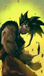  1boy 5002_bus absurdres angry aura black_hair blood blood_on_arm blood_on_face blood_on_hand blue_shirt clenched_hands clenched_teeth commentary_request cowboy_shot dragon_ball dragon_ball_z floating_rock from_behind green_eyes highres male_focus muscular muscular_arms muscular_male orange_pants pants shirt solo son_goku spiked_hair standing sweat teeth torn_clothes torn_pants torn_shirt twitter_username v-shaped_eyes veins veiny_arms wristband 
