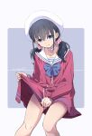  1girl beret black_hair blue_eyes choker closed_mouth collarbone commentary_request dated dress_shirt grey_background hair_ornament hair_scrunchie hat highres looking_at_viewer low_twintails monai-chan_(nii_manabu) nii_manabu original red_shirt sailor_collar school_uniform scrunchie shirt signature sitting smile solo thighs twintails two-tone_background white_choker white_hat white_sailor_collar white_scrunchie 