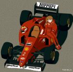  1990s_(style) 1girl absurdres blue_eyes car commentary english_commentary ferrari formula_one formula_racer full_body german_flag helmet highres jumpsuit long_hair looking_at_viewer looking_up motor_vehicle neon_genesis_evangelion race_vehicle racecar retro_artstyle self-upload solo souryuu_asuka_langley teksla 