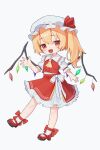 1girl :d absurdres ascot blonde_hair collared_shirt commentary_request crystal crystal_wings deformed fang flandre_scarlet frilled_shirt_collar frills full_body hat hat_ribbon highres mob_cap multicolored_wings one_side_up open_mouth puffy_short_sleeves puffy_sleeves red_eyes red_shoes red_skirt red_vest ribbon shirt shoes short_sleeves simple_background skin_fang skirt smile socks solo touhou tsubutsubu vest white_hat white_shirt white_socks wings yellow_ascot 