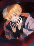  1boy absurdres bags_under_eyes black_shirt blonde_hair blood blood_splatter buhuaixiaoguai commentary e.g.o_(project_moon) frown harness highres jacket limbus_company long_sleeves looking_down male_focus mask oxygen_mask project_moon shirt sinclair_(project_moon) solo thoracalgia_(e.g.o) upper_body white_jacket yellow_eyes 