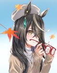  1girl absurdres animal_ears autumn_leaves black_hair blush brown_cardigan cardigan closed_mouth commentary_request ear_tag earrings gentiano815 glasses hair_between_eyes hat highres holding holding_removed_eyewear horse_ears horse_girl jewelry leaf long_bangs long_hair long_hair_between_eyes long_sleeves manhattan_cafe_(umamusume) multicolored_hair necklace red-framed_eyewear single_earring smile solo sweater umamusume unworn_eyewear upper_body white_hair white_sweater yellow_eyes 
