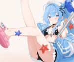  1girl absurdres anchor_(innocent_maid)_(nikke) anchor_(nikke) ass bandaid bandaid_on_foot bikini black_bikini blue_eyes blue_hair blue_jacket breasts byomssui closed_mouth commentary frilled_bikini frills front-tie_bikini_top front-tie_top goddess_of_victory:_nikke hair_intakes hair_ornament highres holding holding_tongs jacket legs_up long_hair looking_at_viewer maid maid_bikini maid_headdress medium_breasts official_alternate_costume official_alternate_hairstyle open_clothes open_jacket pink_sandals ponytail sandals simple_background starfish starfish_hair_ornament swimsuit tongs unconventional_maid unzipped white_background 