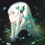  1girl absurdres black_background black_dress black_eyes bug butterfly butterfly_hair_ornament closed_mouth dress echidna_(re:zero) hair_ornament highres long_hair majorinring re:zero_kara_hajimeru_isekai_seikatsu simple_background solo upper_body white_hair 