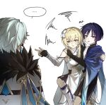  ... 1girl 2boys anger_vein angry arm_guards bare_shoulders black_bridal_gauntlets black_corset black_gloves black_hakama black_shorts black_socks black_tank_top blonde_hair blue_cape blue_hair blunt_ends breasts bridal_gauntlets brown_eyes cape carrying carrying_person coat commentary corset cowboy_shot detached_sleeves dottore_(genshin_impact) dress earrings empty_eyes eyeshadow fatui_coat feather_hair_ornament feathers feet_out_of_frame fingernails flower from_behind fur-trimmed_coat fur_trim genshin_impact gloves gold_necklace gold_trim hair_between_eyes hair_flower hair_ornament hakama hakama_shorts half-closed_eyes hand_on_another's_shoulder hands_up highres index_finger_raised japanese_clothes jewelry leg_warmers long_sleeves looking_at_another lumine_(genshin_impact) makeup medium_breasts meme miayugi523 missing_headwear multiple_boys necklace open_clothes open_shirt partially_fingerless_gloves protected_kevin_hart_(meme) purple_eyes purple_hair red_eyeshadow rope scaramouche_(genshin_impact) shirt short_hair short_sleeves shorts sidelocks simple_background single_earring sleeveless sleeveless_dress socks speech_bubble spoken_ellipsis squiggle standing tank_top tassel teeth tongue tongue_out wanderer_(genshin_impact) white_background white_coat white_dress white_flower white_shirt white_sleeves 