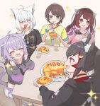  5girls :3 :d ahoge animal_ear_fluff animal_ears black_hair black_hoodie cat_ears cat_girl cat_tail closed_eyes commentary_request dot_nose food fox_ears fox_girl green_eyes hair_between_eyes hair_ornament highres holding holding_spoon hololive hood hoodie long_hair long_sleeves looking_at_viewer mia960 midriff multicolored_hair multiple_girls nekomata_okayu nekomata_okayu_(1st_costume) official_alternate_costume ookami_mio ookami_mio_(hoodie) oozora_subaru oozora_subaru_(1st_costume) open_mouth plate puffy_long_sleeves puffy_sleeves red_hair roboco-san roboco-san_(hoodie) shirakami_fubuki shirakami_fubuki_(loungewear) short_hair short_sleeves smile spoon table tail virtual_youtuber white_hair wolf_ears wolf_girl yellow_eyes 