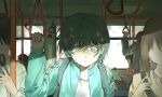  1girl absurdres aqua_track_suit brown_hair bus commentary_request gloom_(expression) highres iyowa_girls jacket jeonjobul korean_commentary kurari-chan_(iyowa) kyu-kurarin_(cevio) motor_vehicle pink_eyes shirt standing t-shirt track_jacket track_suit 