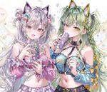  2girls absurdres ahoge animal_ears bare_shoulders belt black_choker black_skirt blue_shirt bow braid breasts can cat_ears chest_harness choker commentary crop_top detached_sleeves double_bun drinking fake_animal_ears green_hair hair_bow hair_bun hair_ornament harness heart heart_hair_ornament highres hiyori_(momoko) holding holding_can long_hair long_sleeves looking_at_viewer medium_breasts midriff momoko_(momopoco) multiple_girls navel open_mouth original pink_eyes pink_shirt shirt sidelocks skirt sleeveless sleeveless_shirt smile stomach untranslatable_commentary upper_body very_long_hair white_choker white_hair white_skirt yellow_eyes yukari_(momoko) 