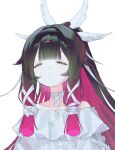  :< bare_shoulders black_hair blue_bow blue_bowtie blunt_bangs bow bowtie choker closed_eyes closed_mouth collarbone colored_inner_hair columbina_(genshin_impact) commentary_request dress eye_mask feathered_wings frills genshin_impact gradient_hair hair_ornament hair_tubes head_wings high_ponytail ichi_l0 korean_commentary long_hair long_sleeves mask multicolored_hair multiple_moles off-shoulder_dress off_shoulder pink_hair ponytail puffy_long_sleeves puffy_sleeves see-through_clothes see-through_mask sidelocks simple_background two-tone_hair upper_body very_long_hair white_background white_choker white_dress wings x_hair_ornament 