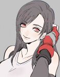  1girl adjusting_hair aruhino bare_shoulders black_hair black_sleeves breasts closed_mouth collarbone commentary detached_sleeves earrings final_fantasy final_fantasy_vii fingerless_gloves gloves grey_background jewelry large_breasts light_blush light_smile lips long_hair looking_at_viewer red_eyes red_gloves solo tank_top teardrop_earrings tifa_lockhart untranslatable_commentary upper_body white_tank_top 