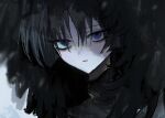  1boy black_hair black_hood black_shirt blunt_ends closed_mouth empty_eyes eyeliner fur_hood genshin_impact gold highres hood hood_up jewelry l2_hh7 looking_at_viewer lower_eyelashes_only makeup male_focus neck_ring portrait purple_eyes red_eyeliner scaramouche_(genshin_impact) scaramouche_(harbinger)_(genshin_impact) shirt solo tsurime turtleneck turtleneck_shirt wispy_bangs 
